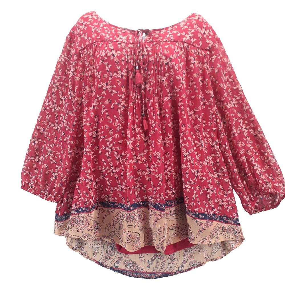 St. John's Bay Women Sz 1X Red Paisley Drawstring Long Sleeve Blouse Cottagecore